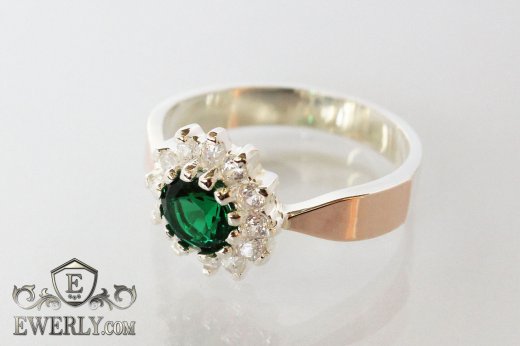 Купить кольцо из серебра с золотом и зелёным камнем для женщин