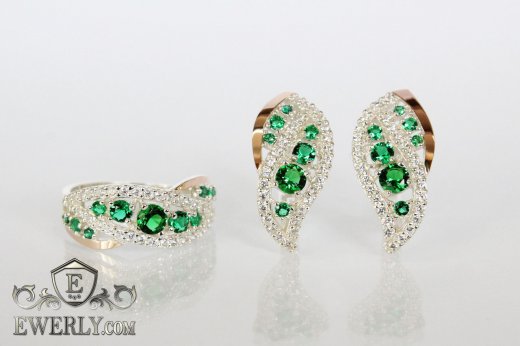 Набор серьги и кольцо из серебра с золотом, купить с зелёными камнями