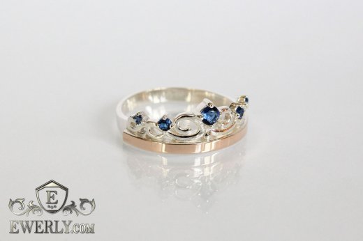 Серебряное кольцо - корона с синими камнями фианитами
