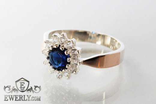 Купить серебряное кольцо с золотом и синим камнем для женщин