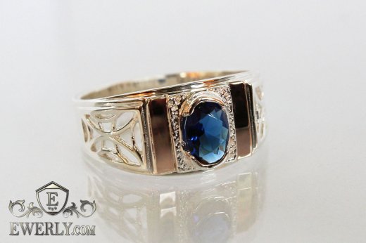 Мужской перстень из серебра с золотом и синим камнем