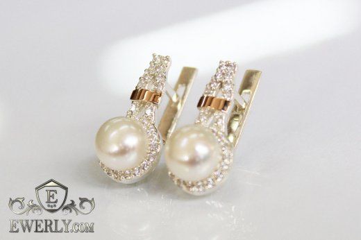 Срібні сережки для жінок з камінням (білі фіанити - перли)