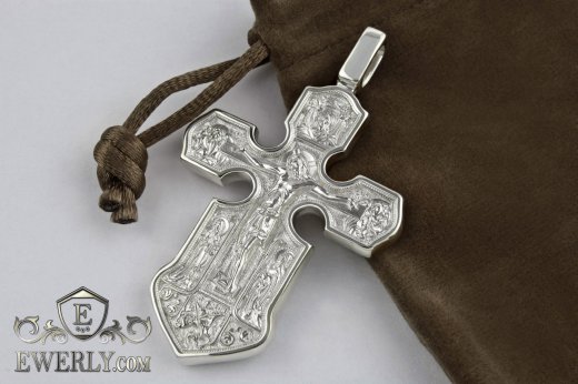 Мужской серебряный крест с распятием. Казанская икона Божией матери