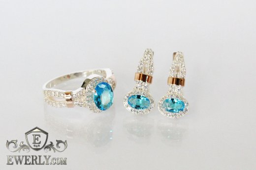 Набор серёжки и кольцо из серебра с золотом, купить со светло-голубыми камнями