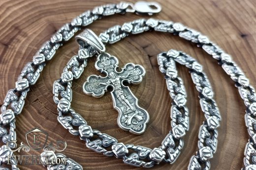 Авторская мужская цепочка с крестом православным из серебра купить
