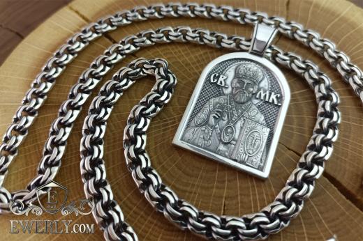Silver chain and pendant "St. Nicholas the Wonderworker and the Holy Trinity", фото