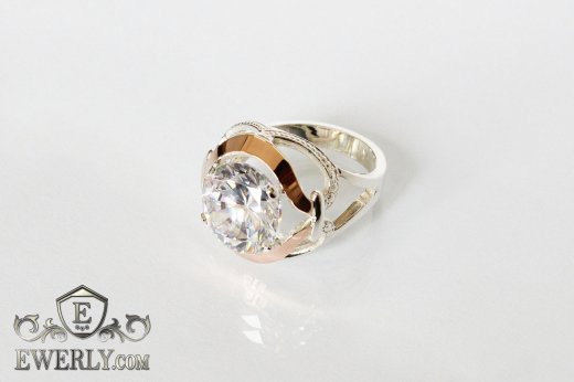 Купить серебряное кольцо с золотом и белым камнем для женщины