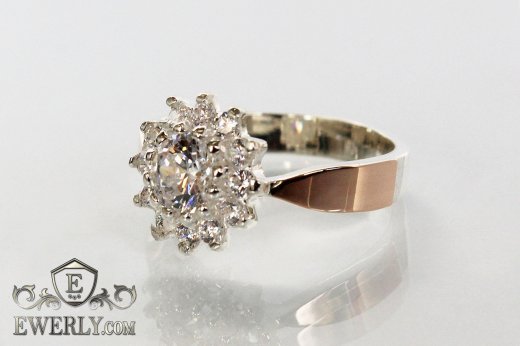 Купить кольцо из серебра с золотом и белым камнем для женщин