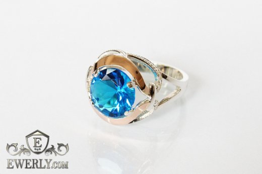 Купить кольцо из серебра с золотом и голубым камнем для женщины
