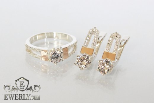 Женские серьги и кольцо с золотом из серебра, купить с белыми камнями