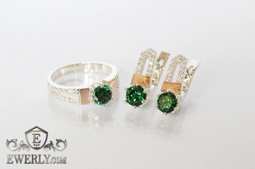 Женские серьги и кольцо с золотом из серебра, купить с зелёными камнями