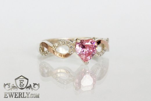 Купить женское серебряное кольцо с сердцем (розовый камень)