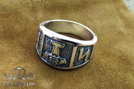 Славянское кольцо - печатка из серебра с квадратом "Сварога" на молоте Тора