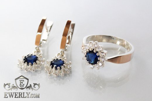 Купить комплект: кольцо и серёжки из серебра с синими камнями