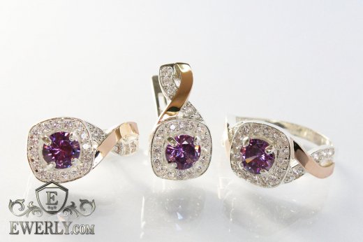 Серебряные серёжки и кольцо, купить с камнями (цвет-аметист) для девушки