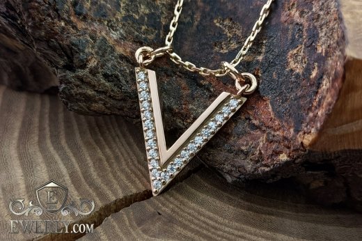 Buy women's gold pendant - the letter "V" with white stones