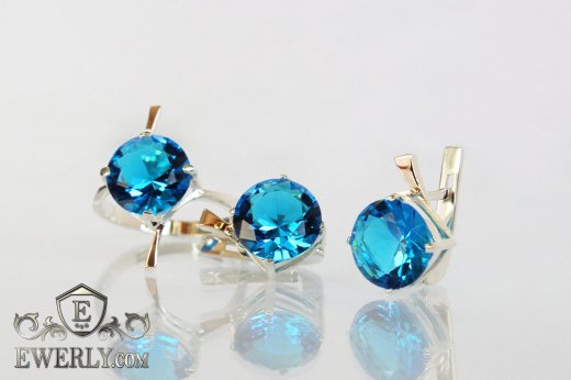 Купить набор: кольцо и серёжки из серебра с голубыми камнями