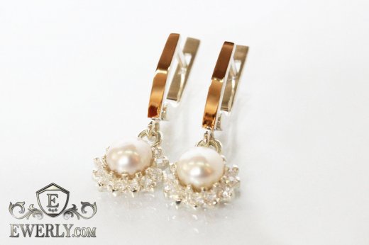 Срібні сережки для жінок з камінням (білі фіанити - перли)