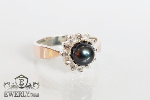 Купить серебряное кольцо женское с камнем (чёрный фианит - жемчуг)
