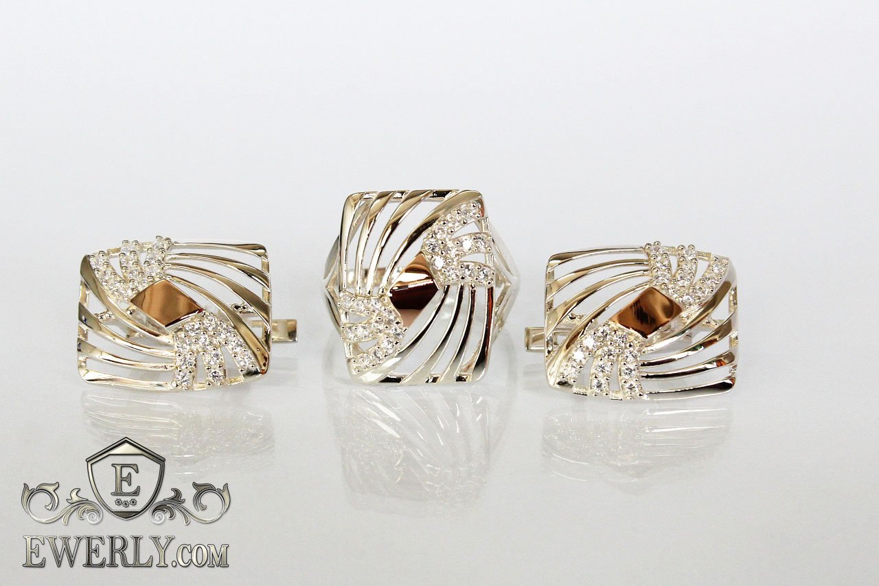 Купить набор, серёжки и кольцо из серебра с золотом и белыми камнями - ювелирные украшения EWERLY.com (Украина, Беларусь, Россия и другие страны)