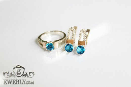 Женские серьги и кольцо с золотом из серебра, купить с голубыми камнями