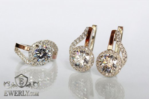 Женские  кольцо и серёжки с золотом из серебра, купить с белыми камнями