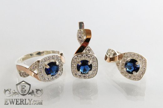 Серебряные серёжки и кольцо, купить с синими камнями для девушки