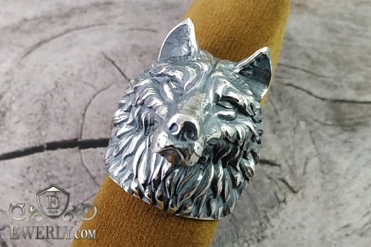 Большая серебряная печатка волк мужская, купить кольцо 50 грамм в виде волка