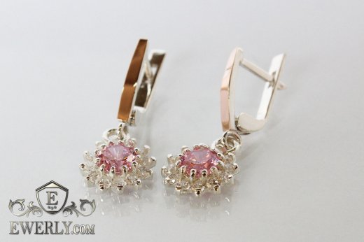 Купити сережки з срібла з рожевим камінням для дівчини