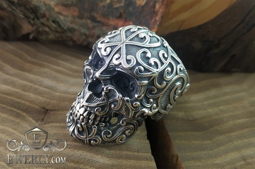 Велике кільце із срібла у вигляді черепа - купити чоловічу срібну печатку