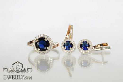 Женские  кольцо и серьги с золотом из серебра, купить с синими камнями