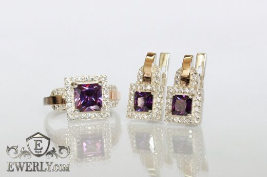 Купить женские серебряные серьги и кольцо с камнями (цвет-аметист)