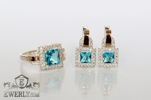 Купить женские серебряные серьги и кольцо со светло-голубыми камнями