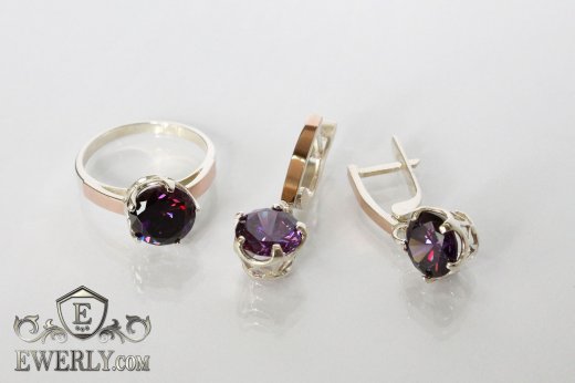 Набір срібний перстень і сережки зі срібла з каменями (колір-аметист) для жінок