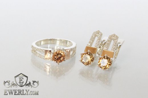 Женские серьги и кольцо с золотом из серебра, купить с камнями цвета-шампань
