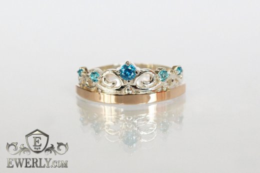 Серебряное женское кольцо - корона с голубыми камнями