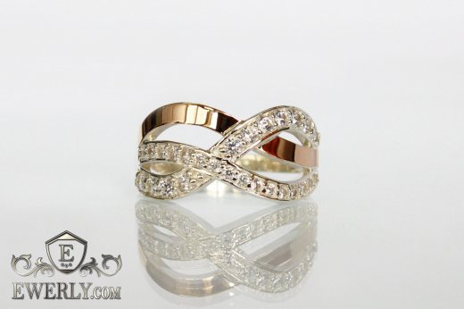 Купить женское позолоченное кольцо из серебра с белыми камнями
