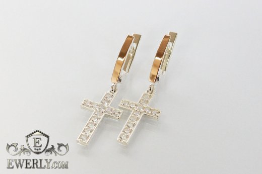Срібні сережки - хрести зі срібла з золотом, купити з білими каменями