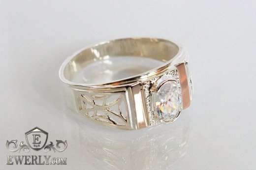 Мужской перстень из серебра с золотом и белым камнем
