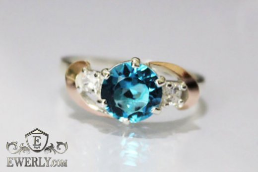 Купить женское кольцо из серебра с камнем (голубой цвет)