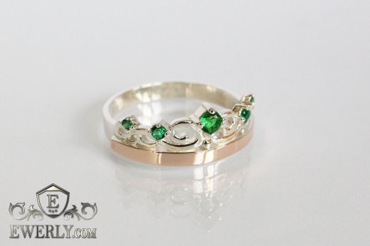 Женское серебряное кольцо - корона с зелёными камнями