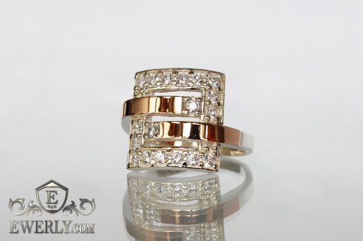 Купить женское позолоченное серебряное кольцо с белыми камнями