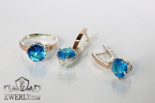 Набор серебряное кольцо и серьги из серебра с голубыми камнями для женщин