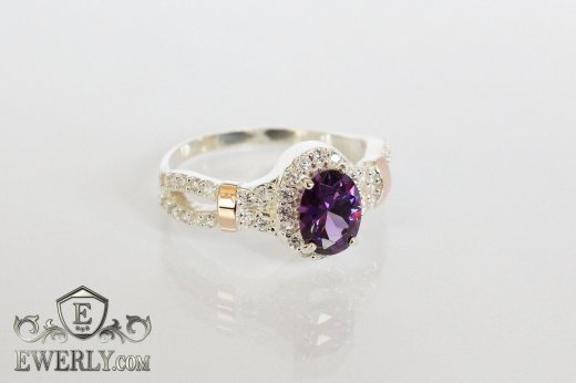 Купить серебряное кольцо для девушки с камнем (цвет - аметист)