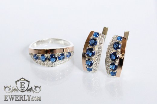 Кольцо и серёжки из серебра с золотом и синими камнями для девушек