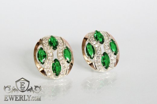 Купить серёжки из серебра для женщин с камнями зелёного цвета