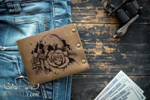 Кожаный кошелек с изображением черепа и розы купить 11071NL