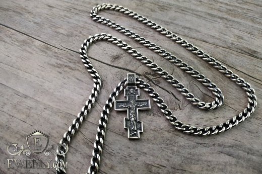 Серебряная панцирная цепочка с крестиком нательным православным