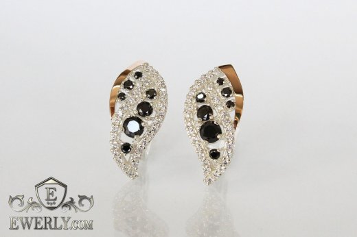 Жіночі сережки зі срібла з золотом і чорним камінням купити